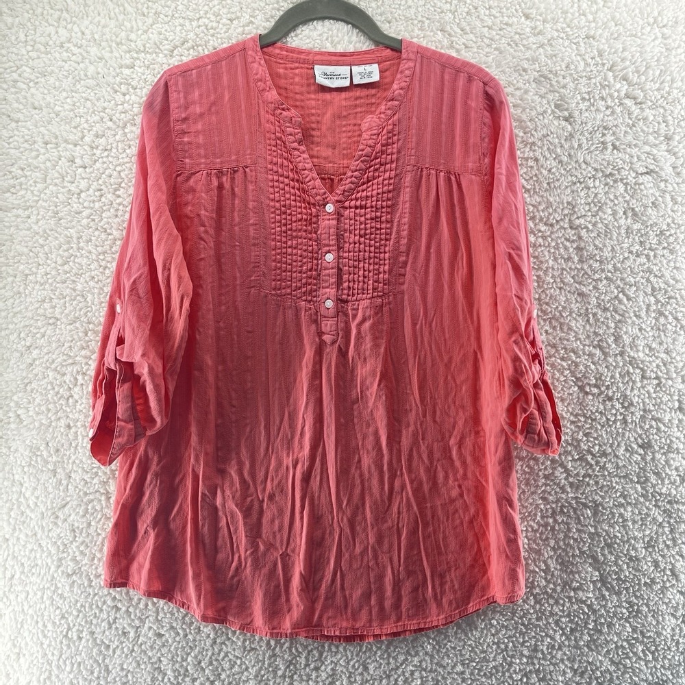 The Vermont Country Store Popover Top Coral 3/4 Sleeve Cottagecore Textured